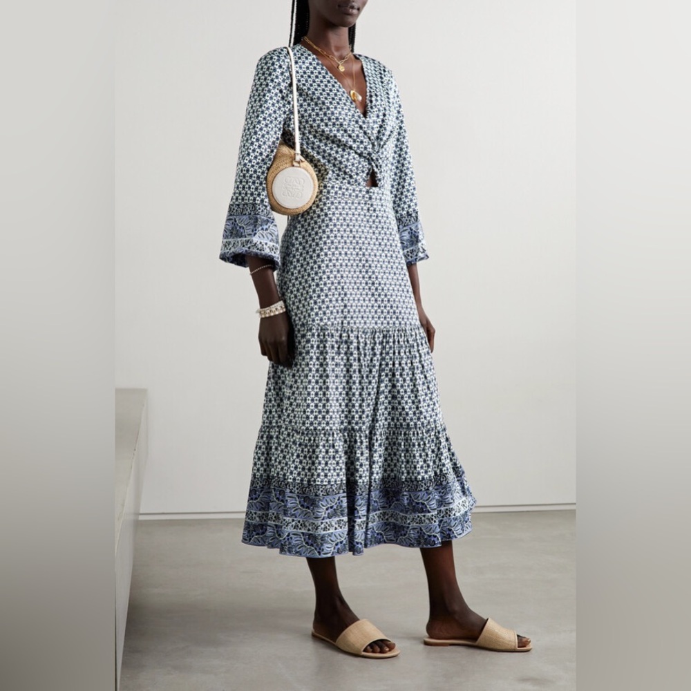 Veronica Beard Dinia Tiered Cutout Printed Cotton-blend Poplin Midi Dress